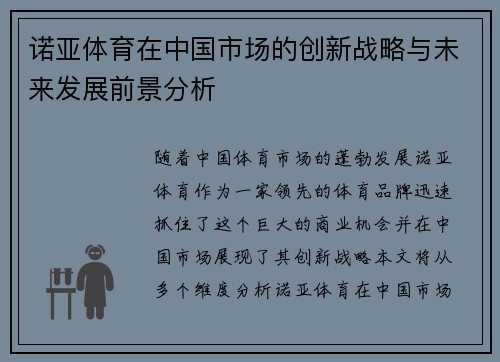 诺亚体育在中国市场的创新战略与未来发展前景分析